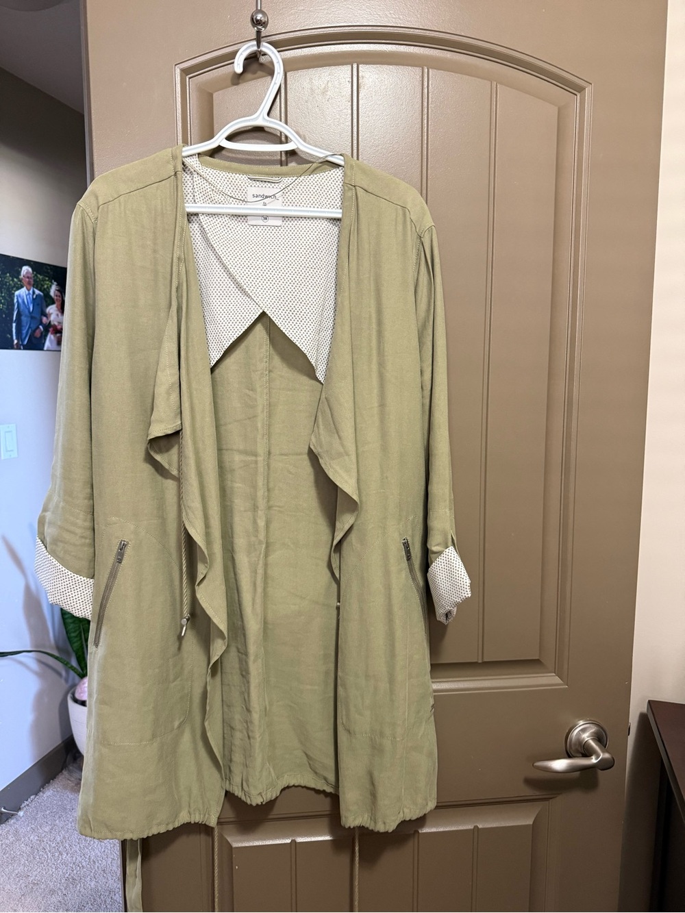 Women's Olive Open-Front Draped Blazer with Zip Pockets